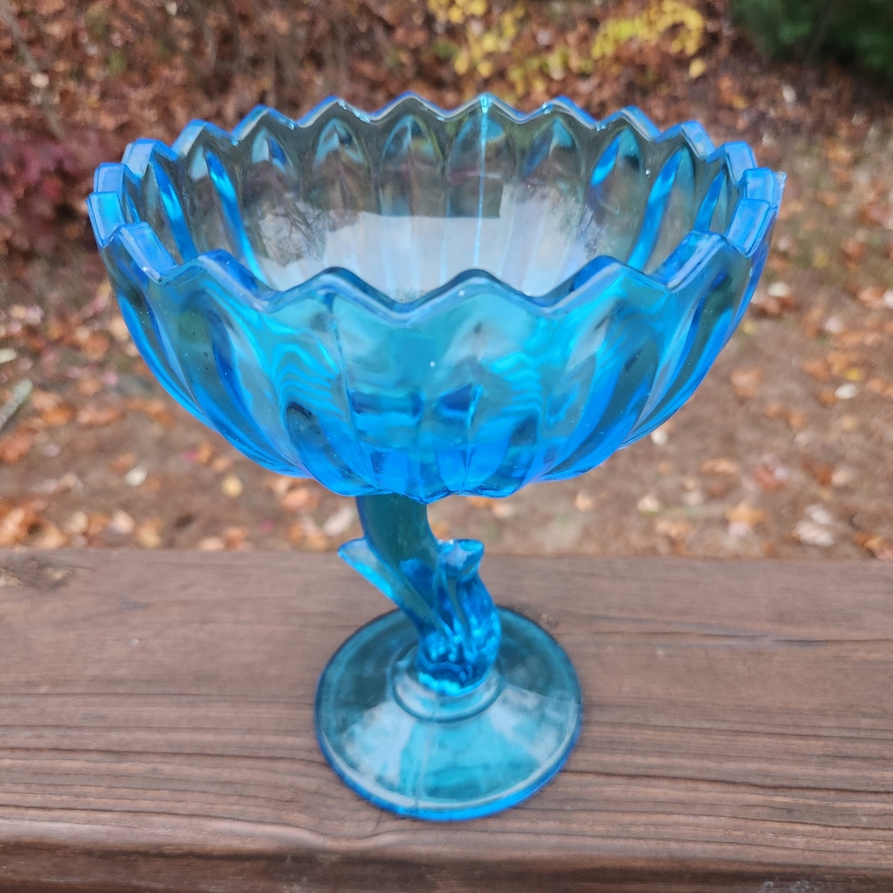 Indiana Glass Aqua Blue Footed Lotus Compote / Candy Dish - Picture 3 of 16